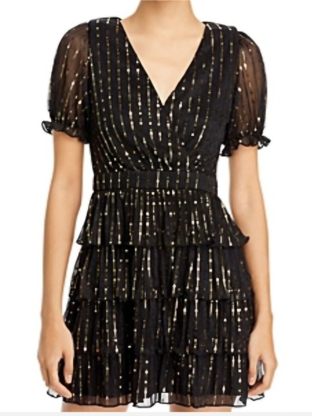 Aqua Black Gold Tiered Puff Short Sleeve Elastic Waist Party Dress Size XS